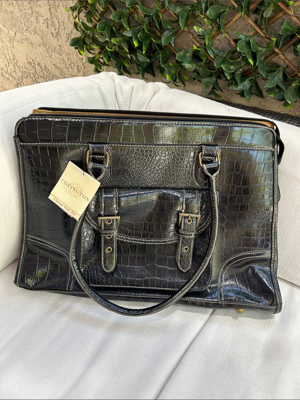 Covington Black Croc-Embossed Tote with Front Buckle Pocket